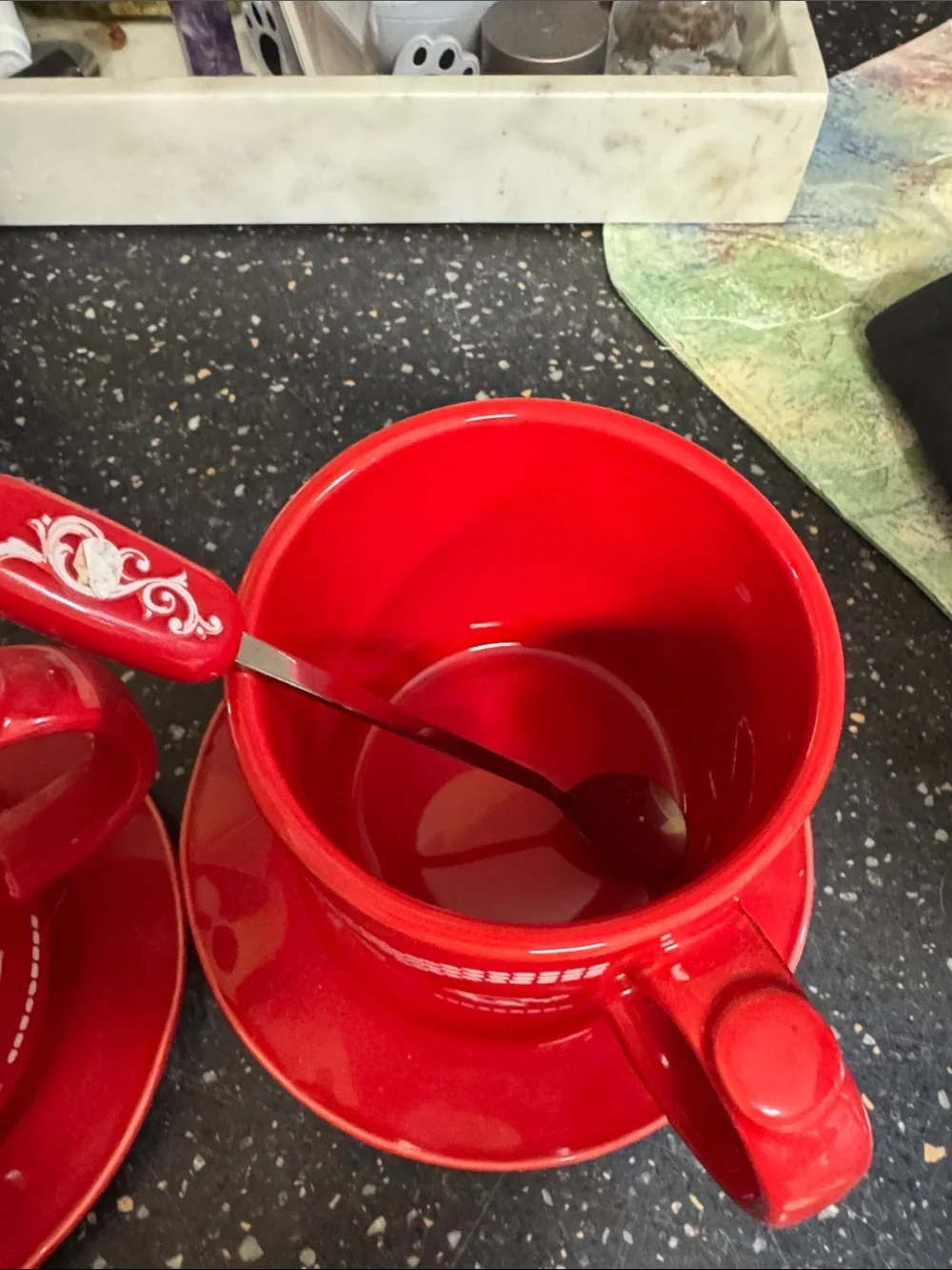 Temptations Red Rooster Ceramic Tea Cup Set with Lids, Spoons & Saucers
